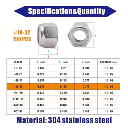 #10-32 Lock Nut, 150Pcs 304 Stainless Steel Nylock Insert Locking Nuts - size: #10-32（150 pcs）