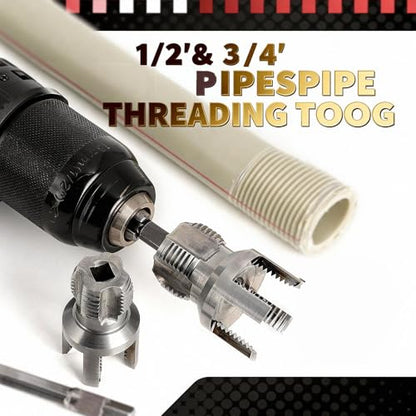 7 Pack PVC Pipe Threader, Pipe Thread Cutting Tool, Pipe Tapping and Threading Tool Kit, PVC Threader for Drill, Rethreading Tool with 1/2'' and 3/4'' Dies, Gloves and Tape for Plumbing Repair