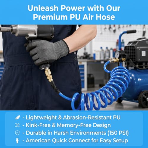 2PCS Polyurethane Recoil Air Hose, 1/4" ID by 10FT, Blue - color: Blue, size: 1/4" ID x 10FT