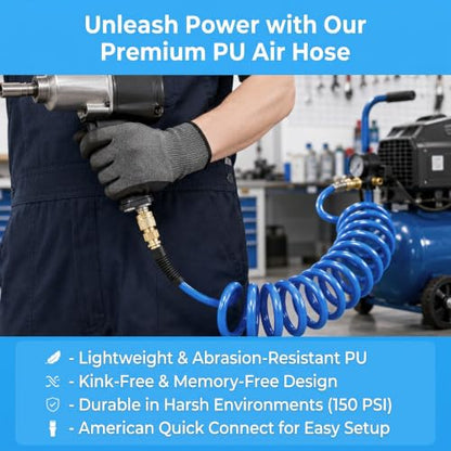 2PCS Polyurethane Recoil Air Hose, 1/4" ID by 10FT, Blue - color: Blue, size: 1/4" ID x 10FT