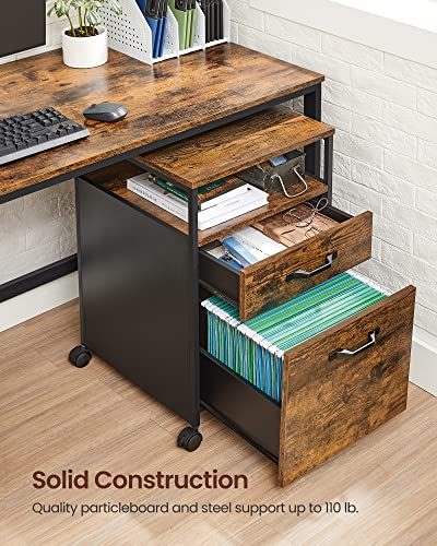 VASAGLE 2 Drawer File Cabinet, Rolling Printer Stand - color: Rustic Brown + Ink Black, size: with Open Shelf