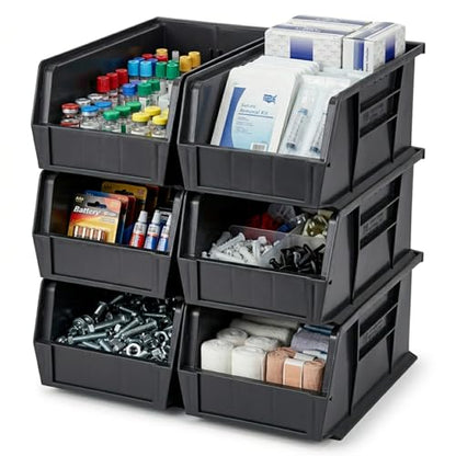 QUANTUM STORAGE SYSTEMS QUS234BR Ultra Stack & Hang Recycled Plastic Heavy Duty Part Organizer Black Bins 15" L x 6" W x 5" H 12 Pack