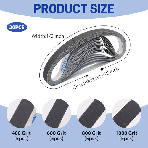 1/2"x18" Sanding Belts Silicon Carbide 5Each of 400 600 800 1000 Grit 20Pcs - color: Assorted Grit(400-1000)