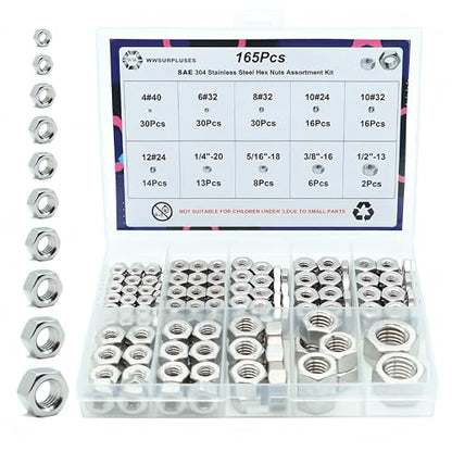 165Pcs SAE Hex Nuts Kit, 304 Stainless Steel Hex Nut Kit - size: SAE Kit---165Pcs
