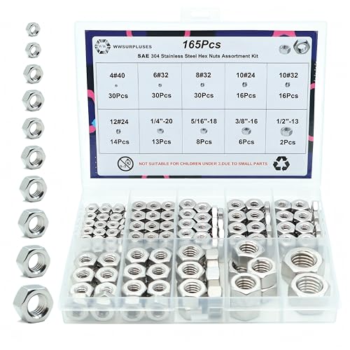 165Pcs SAE Hex Nuts Kit, 304 Stainless Steel Hex Nut Kit - size: SAE Kit---165Pcs