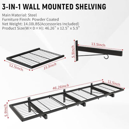 2 Pack Garage Wall Shelves, 46"X 12.5" Garage Shelving Wall Mounted, Heavy Duty Shelf Organizer with 8 Hooks, Black Floating Storage Metal Rack 320 LBS Capacity for Laundry Room, Office, Basement - size: A-2 PACK