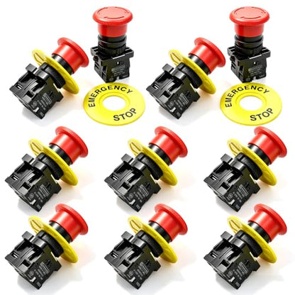 mxuteuk 10PCS 22mm 1NC 1NO Red Mushroom Emergency Stop Push Button Switch AC 660V 10A,HB2-ES545 - color: Red/HB2-ES545-10PCS, size: 1NC 1NO