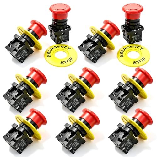 mxuteuk 10PCS 22mm 1NC 1NO Red Mushroom Emergency Stop Push Button Switch AC 660V 10A,HB2-ES545 - color: Red/HB2-ES545-10PCS, size: 1NC 1NO