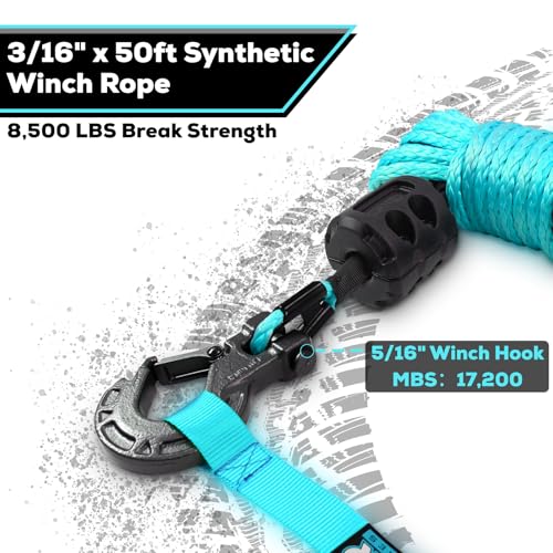 Synthetic Winch Rope Cable Kit - 3/16" x 50ft, 8500LBS with Protective Sleeve + Forged Winch Hook + Rubber Stopper and Safety Pull Strap for ATV UTV (Blue) - color: blue, size: 3/16"x50ft