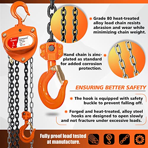 YATOINTO Chain Hoist 2 Ton(4400Lbs) Capacity 20FT Manual Hand Lift Steel Chain Block Hoist with 2 Heavy Duty Hooks Industrial Grade Steel Structures for Garages Automotive Machinery - size: 2 Ton - 20Ft