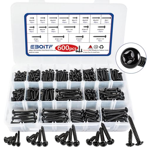 600 PCS 304 Stainless Steel Wood Screws Assortment Kit,Assorted Sheet Metal Screws #4/#6/#8/#10/#12 Phillips Pan Head Self-Tapping Screws Set,Assorted Wood Screws, Length 3/8" to 1-1/2" (Black) - color: Black