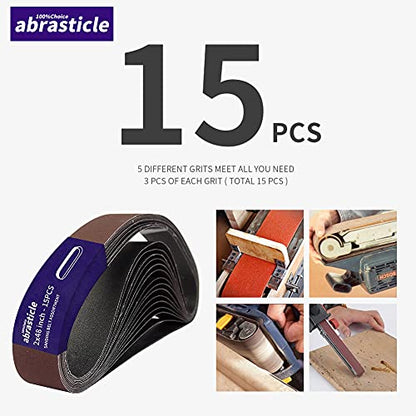 15 Pcs 2 x 48 Inch Assorted Aluminum Oxide Sanding Belt - 80/120/150/240/400 Grit - size: 2x48(15pcs)