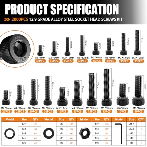 mankk 2000PCS Metric Screw Bolt Assortment Kit M2/M3/M4/M5/M6 Hex Socket Head Cap Bolts Nuts & Washers Set 12.9 Grade Alloy Steel Zinc Plated Metric Machine Screws - size: M2/M3/M4/M5/M6