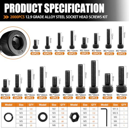 mankk 2000PCS Metric Screw Bolt Assortment Kit M2/M3/M4/M5/M6 Hex Socket Head Cap Bolts Nuts & Washers Set 12.9 Grade Alloy Steel Zinc Plated Metric Machine Screws - size: M2/M3/M4/M5/M6