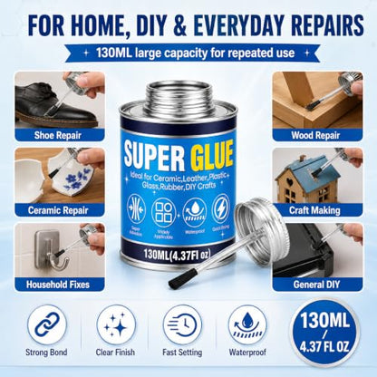 Super Glue with Brush 130ml, All Purpose Clear Strong Adhesive Waterproof Instant Glue Gel for Wood Ceramic Glass Leather Plastic Rubber Metal DIY Crafts Industrial Repairs