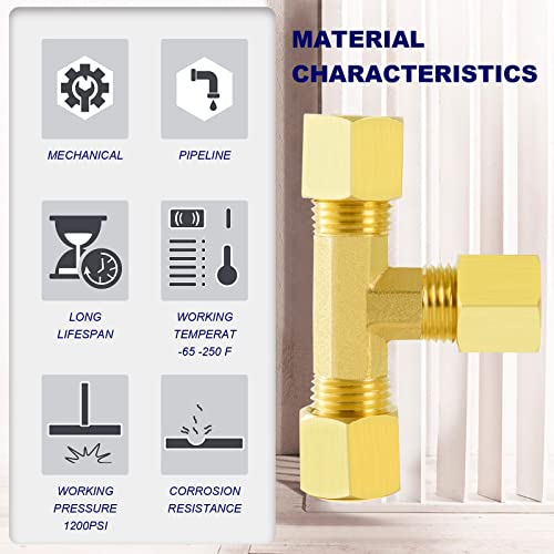 ChillWaves Brass Tee Compression Tube Fitting, 1/4" OD x 1/4" OD x 1/4" OD Compression Union Connector(5-PACK) - size: 1/4" OD x 1/4" OD x 1/4" OD