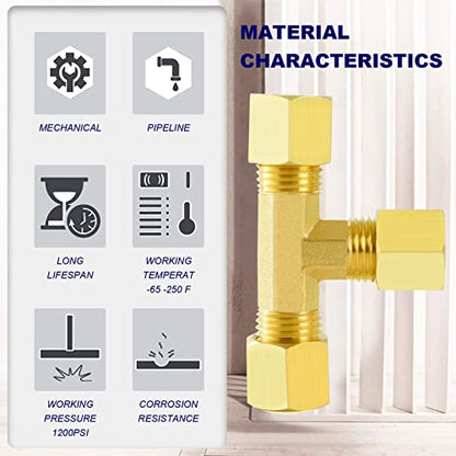 ChillWaves Brass Tee Compression Tube Fitting, 1/4" OD x 1/4" OD x 1/4" OD Compression Union Connector(5-PACK) - size: 1/4" OD x 1/4" OD x 1/4" OD