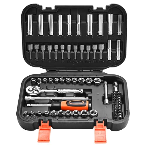 VEVOR Socket Set, 70 Pieces, 1/4 inch Drive Socket and Ratchet Set, SAE and Metric, Deep and Shallow, Mechanic Tool Kit with Bits, Accessories and Storage Case, CR-V Alloy Steel, for Automotive Repair - size: 70 PCS, style: 70 PCS