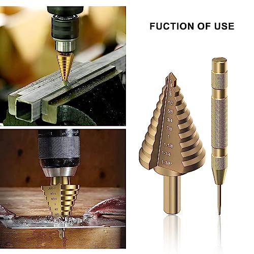 6pcs Step Drill Bit Set, 5 Titanium Coated Hss Step Bit & Automatic Center Punch Unibit, 50 Sizes Step Drill for Multiple Hole Drill with Aluminum Case for DIY Lovers and Home Use