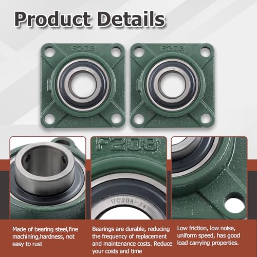 2Pcs UCF208-24 Pillow Block Bearings 1-1/2 Inch Bore Square Flange Mounted Pillow Block Bearing 4 Bolt, Self Alignment