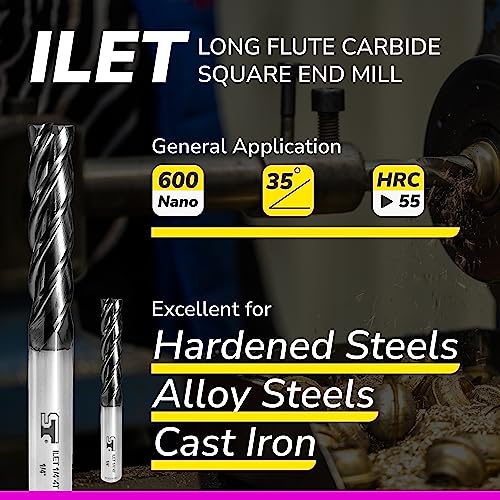 SPEED TIGER Micrograin Carbide Square Long Flute End Mill - 3/8" Diameter 1-1/2" Flute Length, 4" OVL, 4 Flutes - ILET (1 Piece, 3/8") - for Alloy Steels, Hardened Steel & Metal– Mill Bits Sets - size: 3/8 in