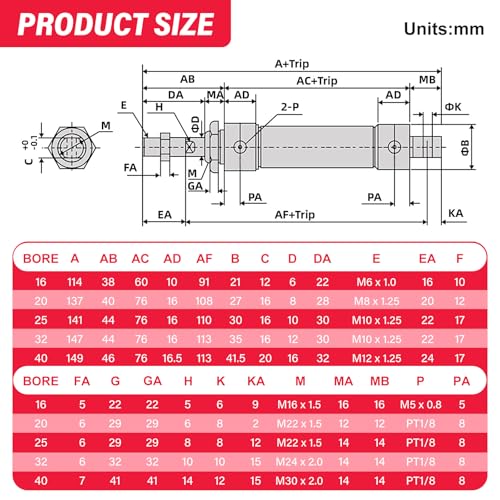 Double-Acting Pneumatic Cylinder (25mm Bore x 75mm Stroke) with Y Connector and Fittings MAL25x75 - size: 25mm Bore 75mm Stroke