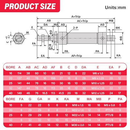 Double-Acting Pneumatic Cylinder (25mm Bore x 75mm Stroke) with Y Connector and Fittings MAL25x75 - size: 25mm Bore 75mm Stroke