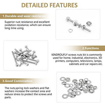 562 Pieces M2.5 x 4/6 /8/10 /12/16 /20mm Hex Socket Head Cap Screws Nuts Washers Assortment Kit, 304 Stainless Steel, Fully Machine Thread - size: M2.5, style: Socket Head