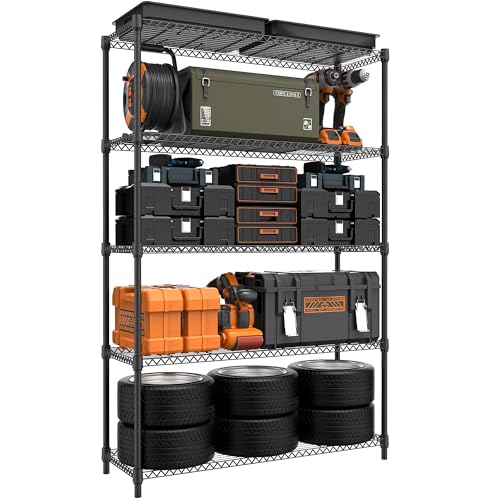 M MZG 5 Tiers Shelf Metal Storage Shelves Standing 1750 LBs Household Shelf Organizer for Kitchen Pantry Closet Garage Basement Utility Room, Black15.7 D x 45.3" W x 70.4" H - color: Black, size: 5 tier 15.8" D x 45.3" W x 70.4" H