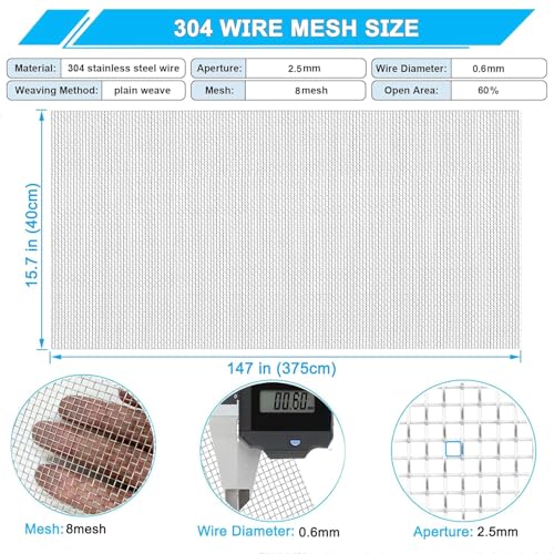 304 Stainless Steel Wire Mesh Screen 8 Mesh, 15.7"x 147", 2.5mm Hole - size: 15.7"x147"(40x375cm), style: 8Mesh x 0.6mm