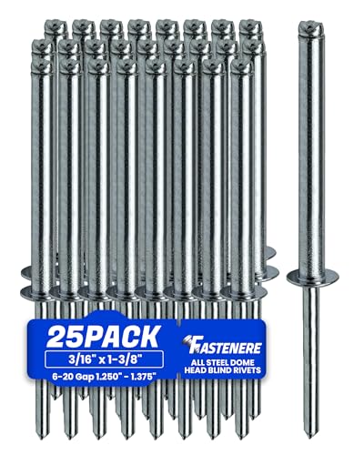Fastenere Pop Rivets 3/16" x 1-3/8" (25 pcs) Aluminum Body Steel Mandrel - Heavy Duty, Open-End, Low Carbon, Dome Head Blind Rivets, Corrosion Resistant & High Shear Strength, 6-22 Gap 1.250" - 1.375" - size: 3/16" x 1-3/8" (6-22) (25 Pack)