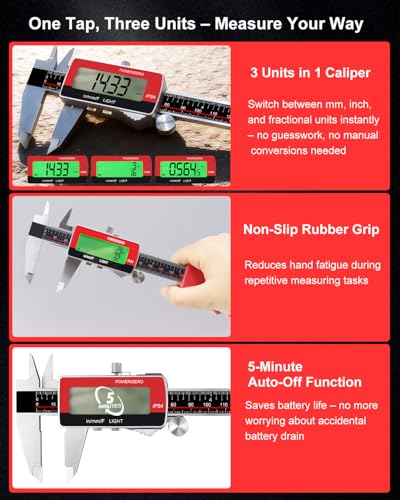 GODSEON 6" Digital Caliper, USB-C Rechargeable Backlight LCD ±0.001" Accuracy, Inch/mm/Fraction Units 5 Modes Auto-Off, Stainless Steel Calipers for DIYers Woodworkers Jewelers, 3D Printing - size: 6"- Metal Shell