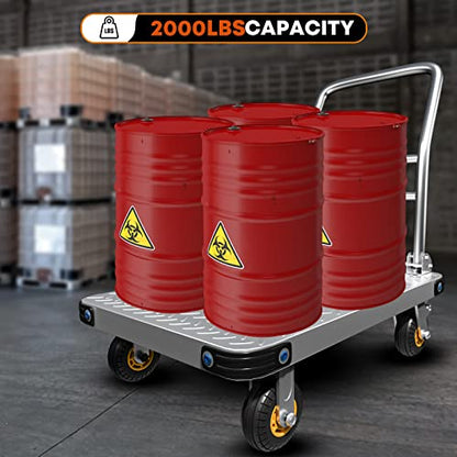 Heavy Duty Platform Truck Flat Moving Cart Hand Trucks,2000Lbs Steel Push Cart Dolly, 36 x 24in Large Flatbed with 5'' 360 Degree Swivel Wheels for Easy Storage - size: 36" L X 24" W