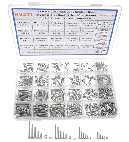 1050PCS M1.4-M2.5 304 SS Socket Head Cap Screws Nuts Flat Washers Kit