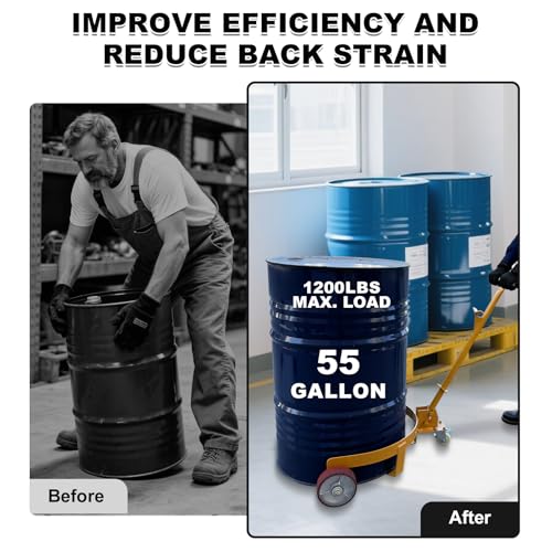 55 Gallon Drum Dolly Heavy Duty, 1200 lbs Capacity Barrel Cart with Adjustable Handle & Locking Caster, Low Profile Steel Drum Truck for Industrial, Warehouse, Workshop Use-Yellow