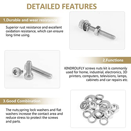 542 Pieces M3 x 6/8 /12/16 /20/25 /30mm Hex Socket Head Cap Screws Nuts Washers Assortment Kit, 304 Stainless Steel, Fully Machine Thread - size: M3, style: Socket Head