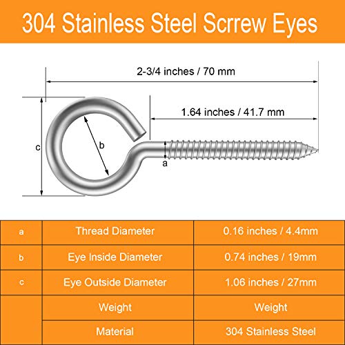 Pack of 20 Metal Hook Heavy-Duty Eye Screws, 304 Stainless Steel Screw Hooks, self-Tapping Eye Ring Bolt Hooks, Wood Terminal Eye Hole Hooks, Pendant Lights Wires, Strong Indoor - size: 20 Pack - 2-3/4"