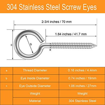 Pack of 20 Metal Hook Heavy-Duty Eye Screws, 304 Stainless Steel Screw Hooks, self-Tapping Eye Ring Bolt Hooks, Wood Terminal Eye Hole Hooks, Pendant Lights Wires, Strong Indoor - size: 20 Pack - 2-3/4"