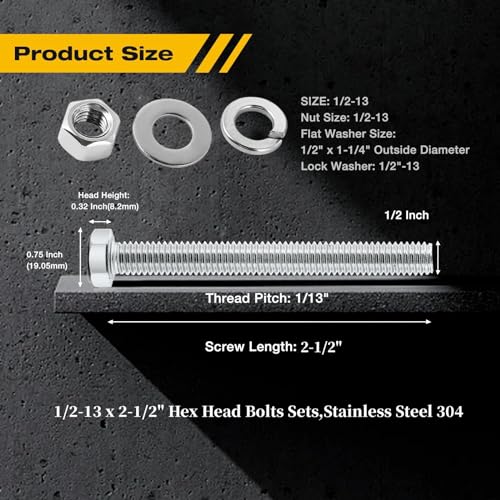 (5Set) 1/2-13 x 2-1/2" Complete Set Hex Head Screw Bolts,Nuts,Fender Flat washers,Split Lock Washers,Fully Threaded, Stainless Steel 18-8（304）, Bright Finish. - size: (5Set)1/2-13 x 2-1/2"