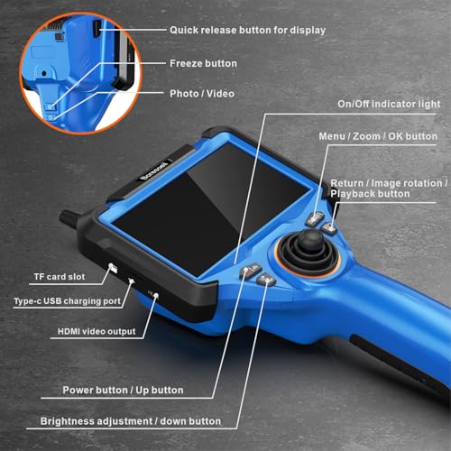 360° Articulating Borescope with 0.25 in Slim Probe, 5" HD 4-Ways Industrial Endoscope Camera with Light, Articulated Flexible Snake Camera for Plumbing & Machinery Inspection
