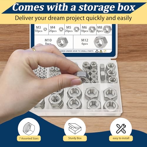Metric Hex Nuts Assortment Kit 130Pcs Stainless Steel（M3-M12） Nut - size: Metric-130