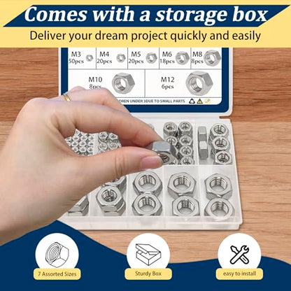 Metric Hex Nuts Assortment Kit 130Pcs Stainless Steel（M3-M12） Nut - size: Metric-130