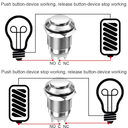 Gebildet 2Pcs Prewired 12mm Waterproof Latching Metal Push Button 3pin NO/NC Push Button On Off 1A 12V/24V/125V/250V AC (High Head) - size: 12mm-Prewired NO/NC