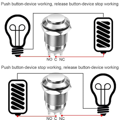 Gebildet 2Pcs Prewired 12mm Waterproof Latching Metal Push Button 3pin NO/NC Push Button On Off 1A 12V/24V/125V/250V AC (High Head) - size: 12mm-Prewired NO/NC
