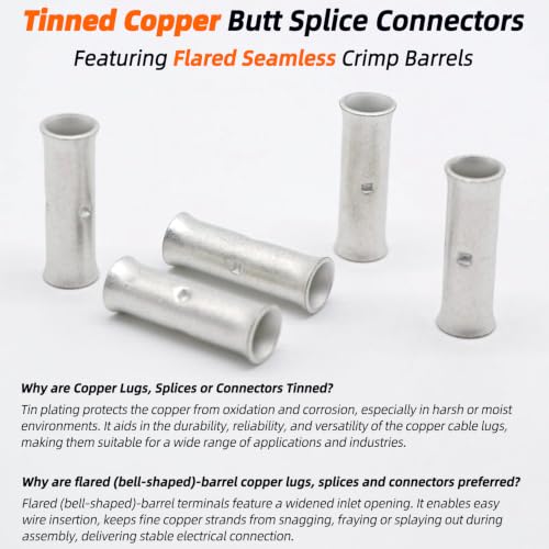 SVAAR 24-18 Gauge Flared Barrel Butt Splice Connectors Kit 100PCS 24-18 AWG Non-Insulated Butt Connectors Tinned Copper Flared Compression Butt Splices Crimp Butt Terminals+100PCS 3:1 Heat Shrinks - color: Tinned Copper