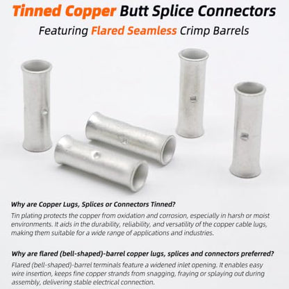 SVAAR 24-18 Gauge Flared Barrel Butt Splice Connectors Kit 100PCS 24-18 AWG Non-Insulated Butt Connectors Tinned Copper Flared Compression Butt Splices Crimp Butt Terminals+100PCS 3:1 Heat Shrinks - color: Tinned Copper