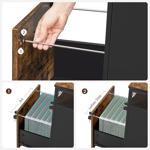 VASAGLE 2 Drawer File Cabinet with Lock, Rolling Printer Stand - color: Rustic Brown + Ink Black, size: with Lock and Fences