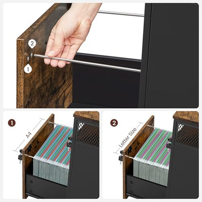 VASAGLE 2 Drawer File Cabinet with Lock, Rolling Printer Stand - color: Rustic Brown + Ink Black, size: with Lock and Fences