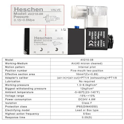 Heschen Electrical Pneumatic 6 Solenoid Valve, 4V210-08, DC24V Coil, PT1/4'' Port, 5 Way 2 Position, Manifold Base, Muffler, Quick Fittings Set - style: Electronic.