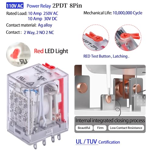 UL Listed 6Pcs 110V Electromagnetic Relay 10 Amp 8-Pin DPDT 2NO 2NC; 110V-120V AC with Test Switch; LED Light Module, DIN Rail, LED Indicator [Applicable for DIN Rail System] - size: AC 110V, style: 8Pin-10A-6Pcs